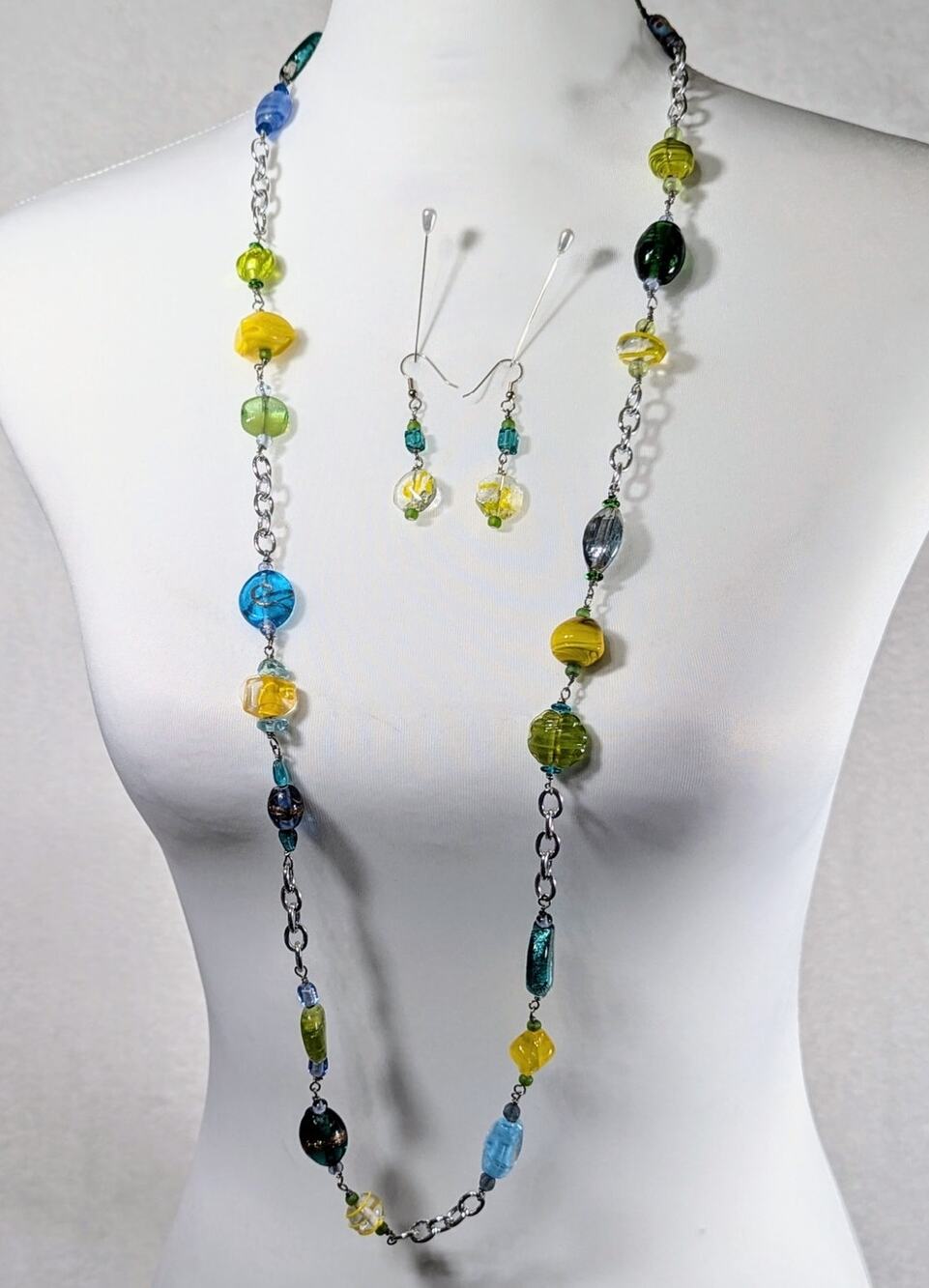 long necklace 40"glass beads + french wire earrings 13/4"long Aqua yellow green